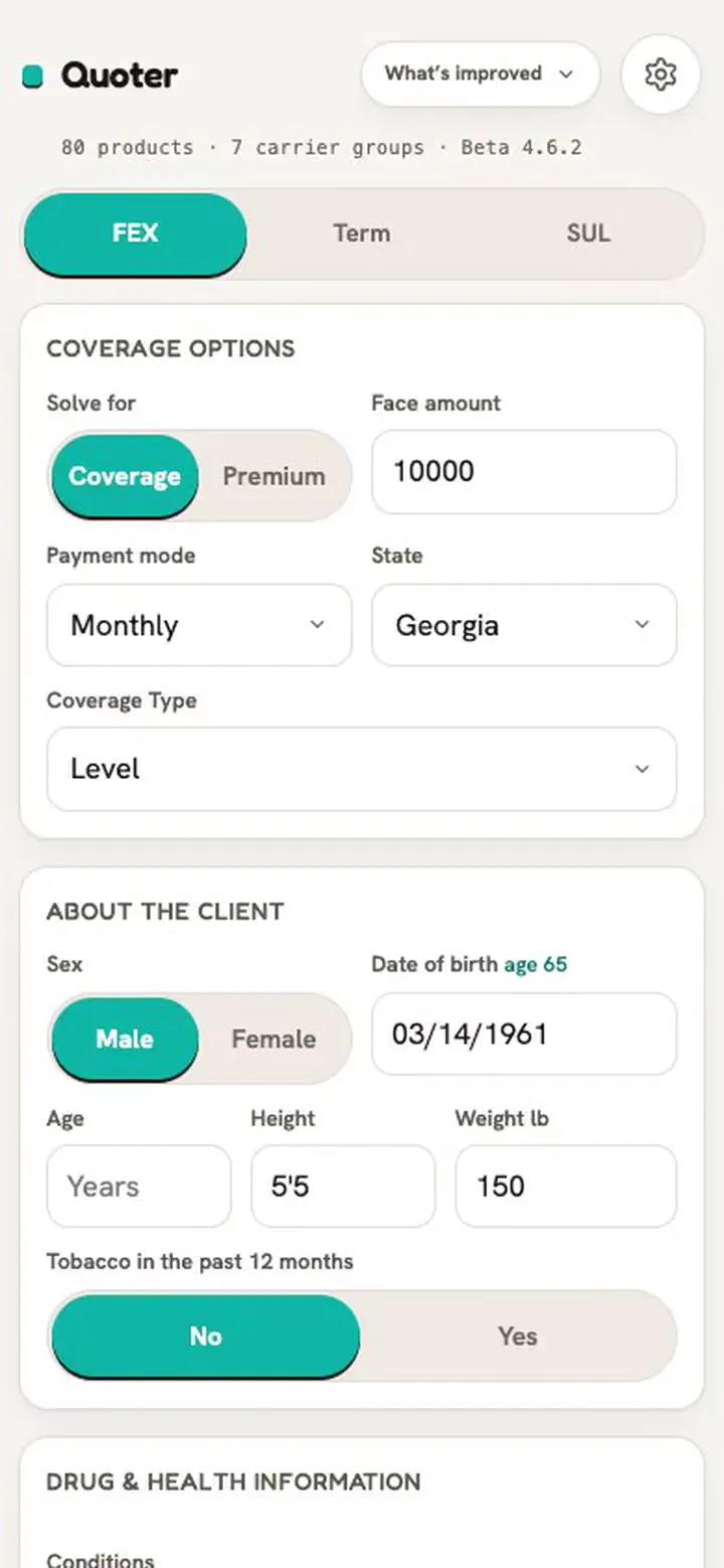 The Apticus quoting tool on a phone: product, face amount, state, and client inputs