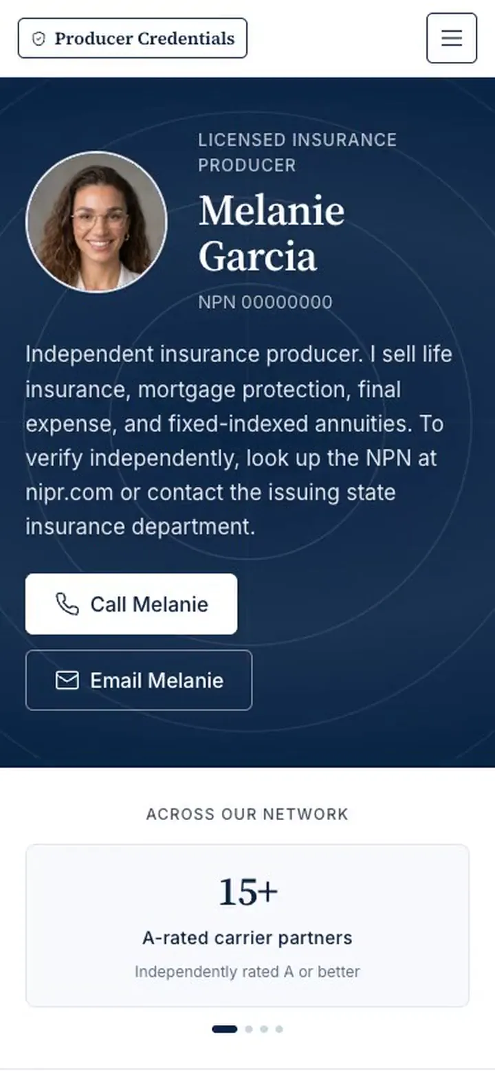 A licensed agent's verified Producer Credentials profile: photo, NPN, state licenses, and carrier partners