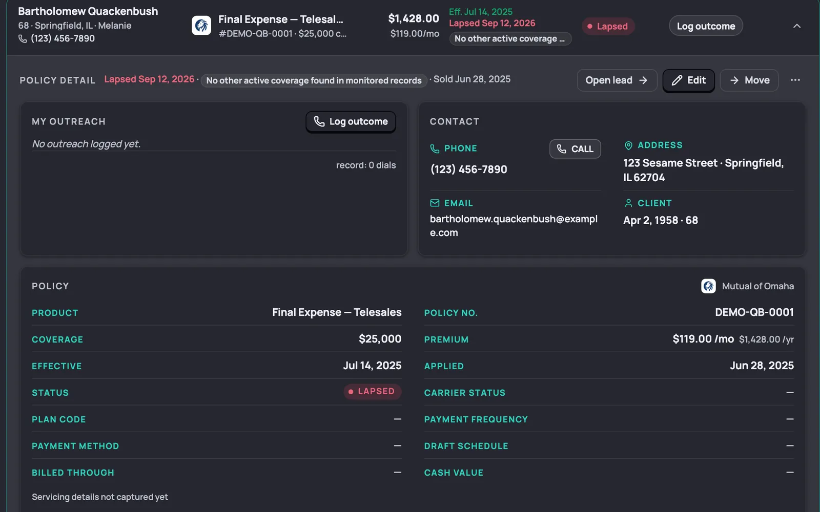A policy record with dates, premium, carrier, and the client contact card with a Call button