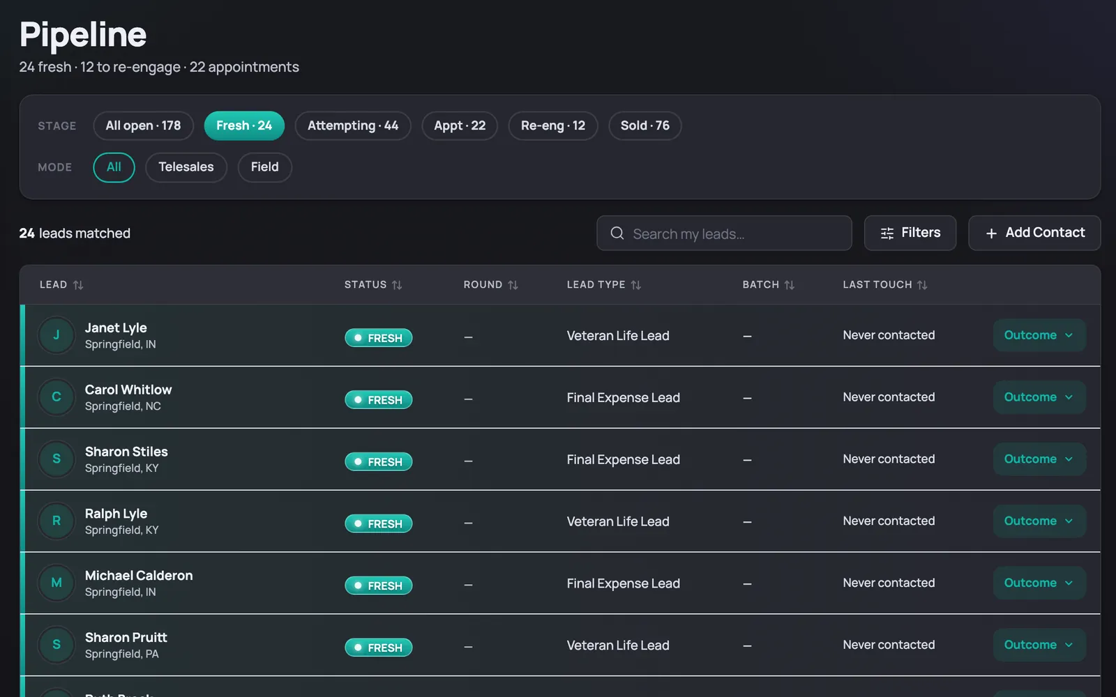 The Apticus pipeline with stage chips across the top and the list filtered to fresh leads