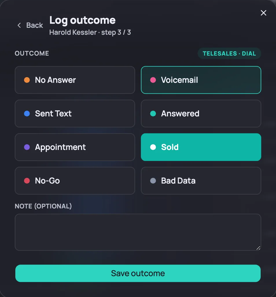 The Log outcome dialog with No Answer, Voicemail, Sent Text, Answered, Appointment, and Sold choices